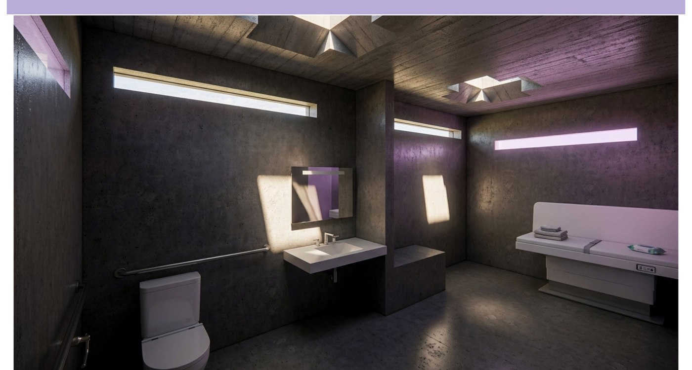 Interior render of the adult and family changing room with its ostomy care area.