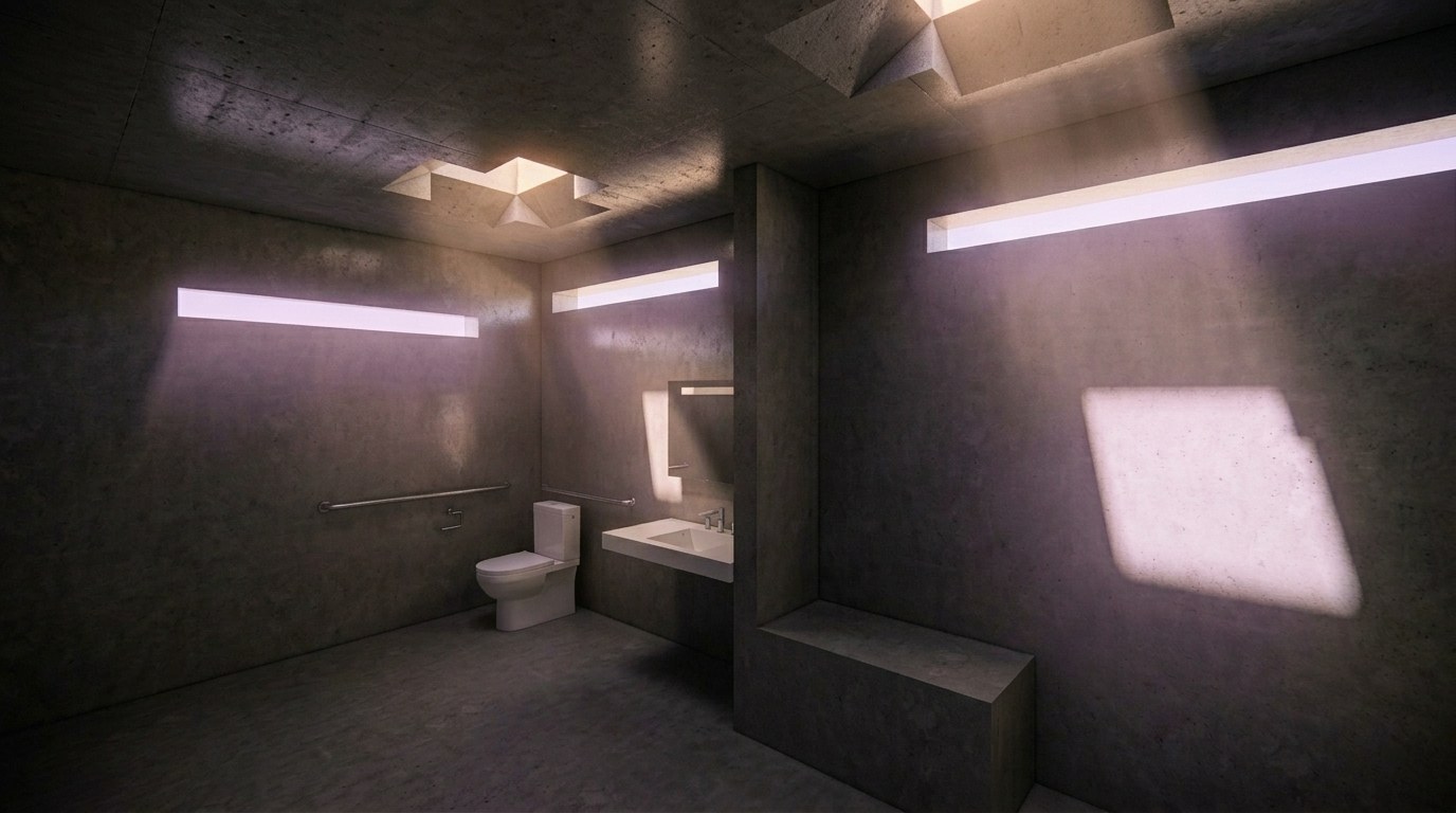 Interior render of the adult and family changing room, lit by faceted skylights and long clerestory windows, with a toilet, sink, grab bars and a concrete changing bench.