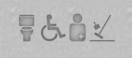 The four signage icons: a toilet, the accessibility symbol, a figure with a medical cross for changing and ostomy care, and a mop and bucket for the janitor's closet.