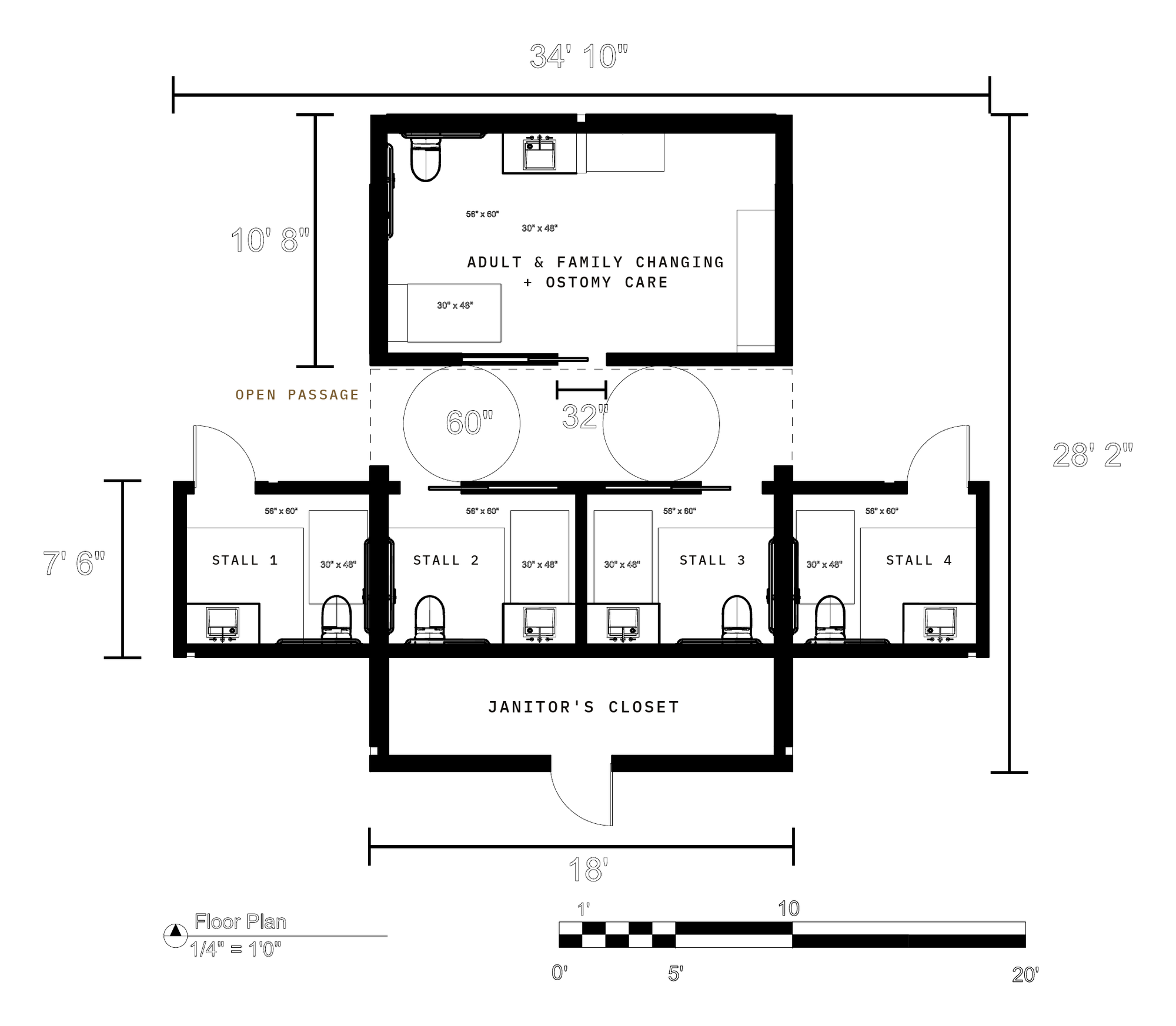 Labeled floor plan of the Comfor-functa-blity restroom: the adult and family changing and ostomy care room across the north end, an open passage, four accessible stalls in a row, and the janitor's closet at the south end. Overall footprint 34 feet 10 inches by 28 feet 2 inches.