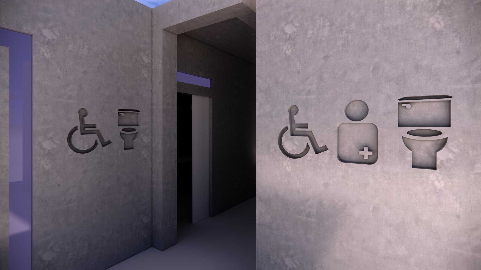 Render of the restroom entry, with accessible, changing and restroom icons cut directly into the concrete walls on either side of the passage.