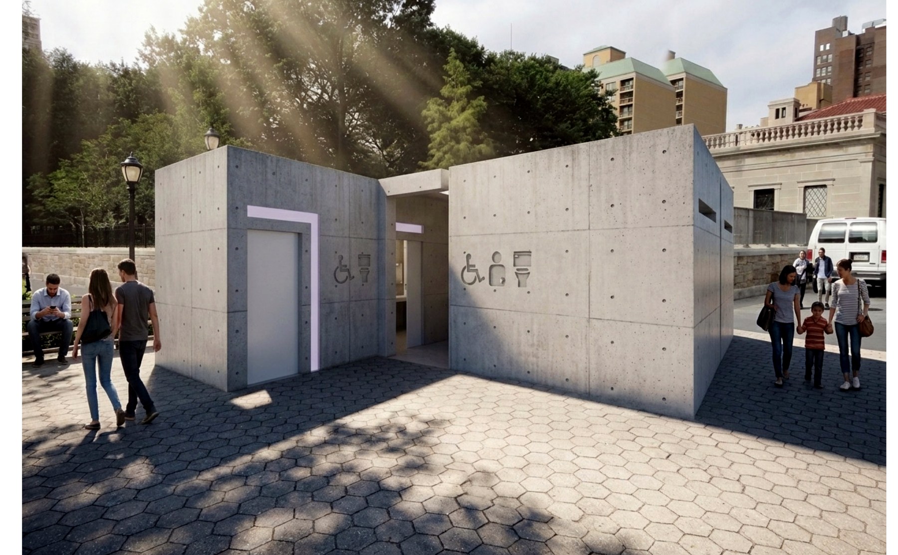 Exterior render of an accessible public restroom pavilion in concrete, set among trees.