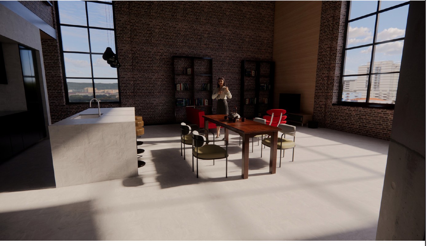 Dining area of the studio with a concrete kitchen island and exposed brick walls.