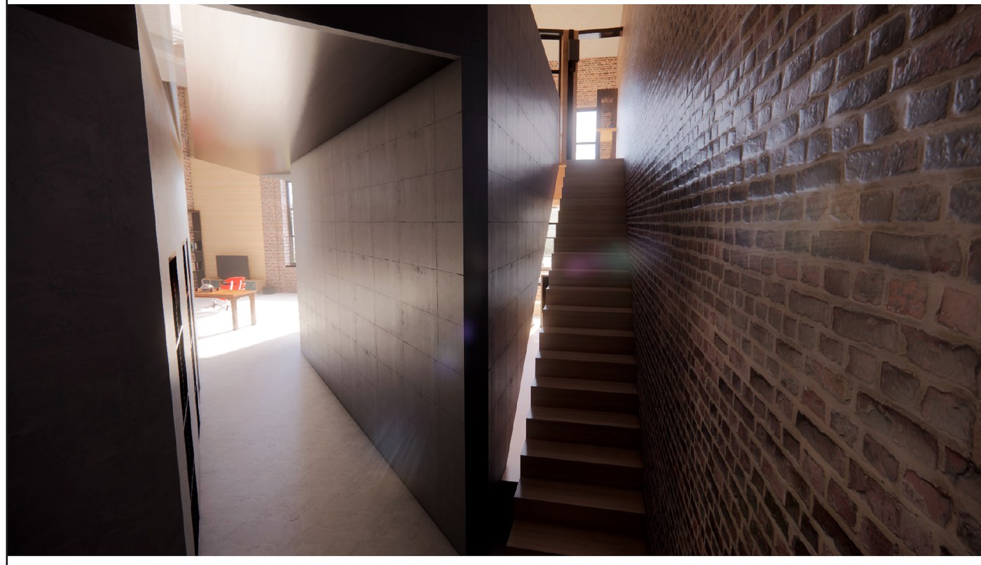 Entrance hallway of the studio with a brick wall, blackened steel volume, and a wood staircase.