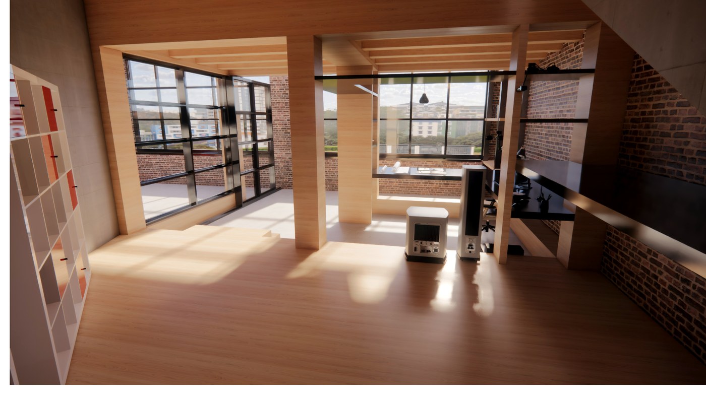 Office space in the studio with warm oak millwork and city views.