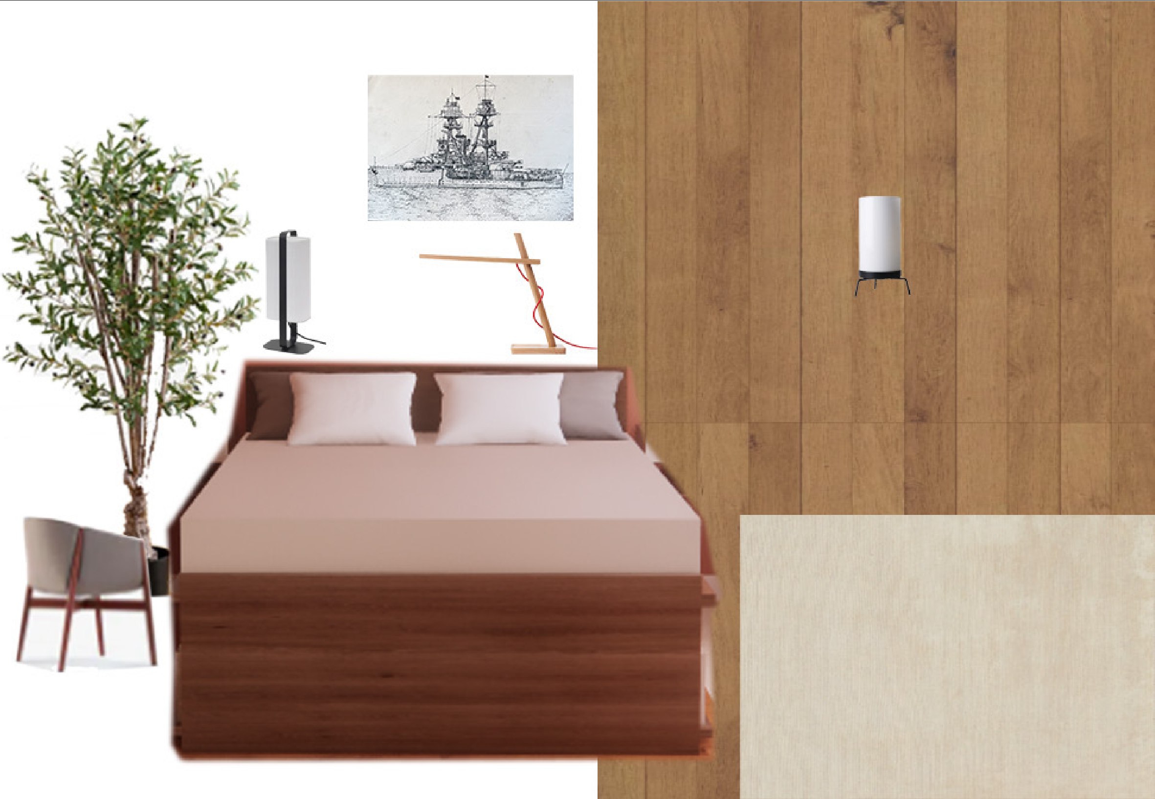 Bedroom FF&E board: olive tree, battleship drawing, table lamps, wood desk lamp, platform bed with pink bedding, upholstered chair, oak flooring, cream rug and a white floor lamp.
