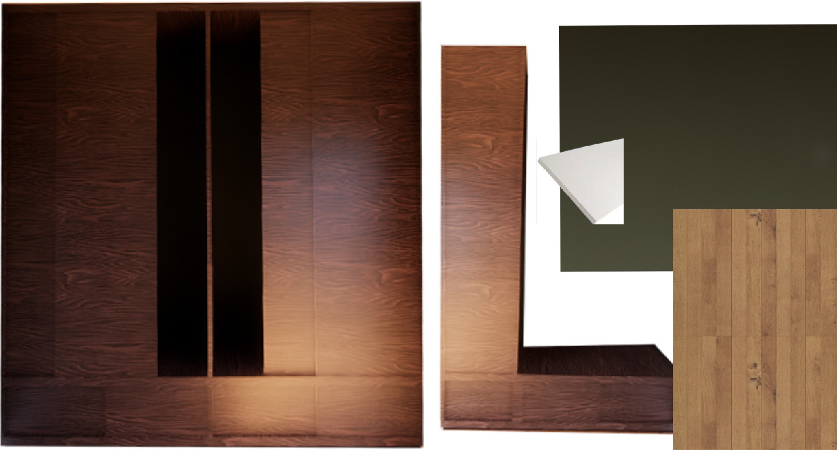 Foyer FF&E board: dark wood built-in cabinet, L-shaped bench, white trim, deep olive green paint and oak flooring.