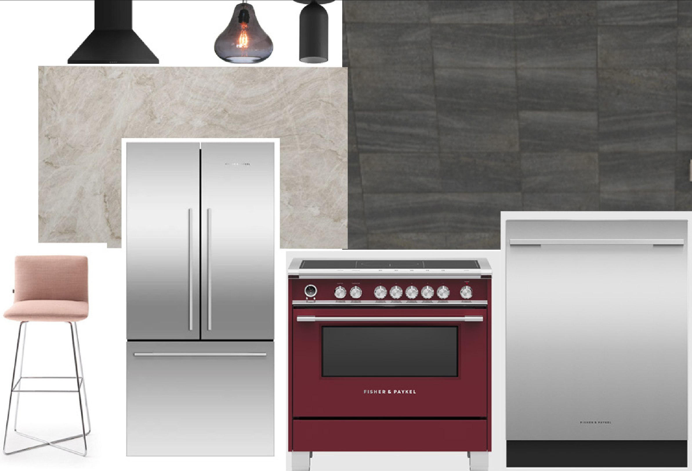 Kitchen FF&E board: black hood, glass and black pendants, stone countertop, dark stone backsplash tile, pink counter stool, stainless French-door fridge, red Fisher and Paykel range and stainless dishwasher.