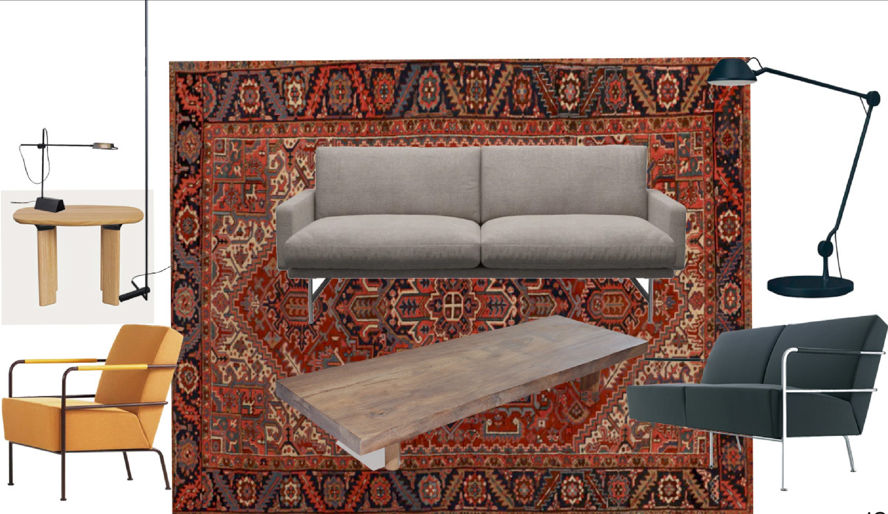 Living room FF&E board: Persian rug, grey sofa, slab coffee table, side table with desk lamp, mustard lounge chair, navy floor lamp and charcoal loveseat.