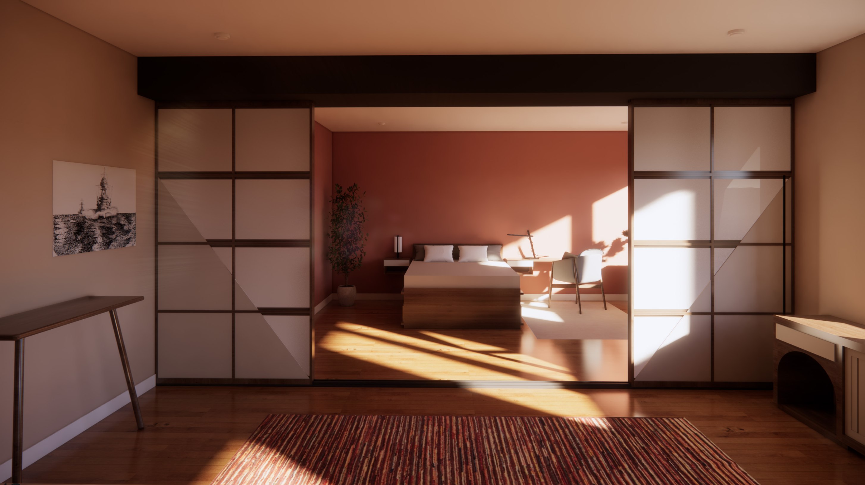 Bedroom render seen through open sliding panels: bed against a terracotta wall, desk and chair, low sun across the floor and a striped red rug.