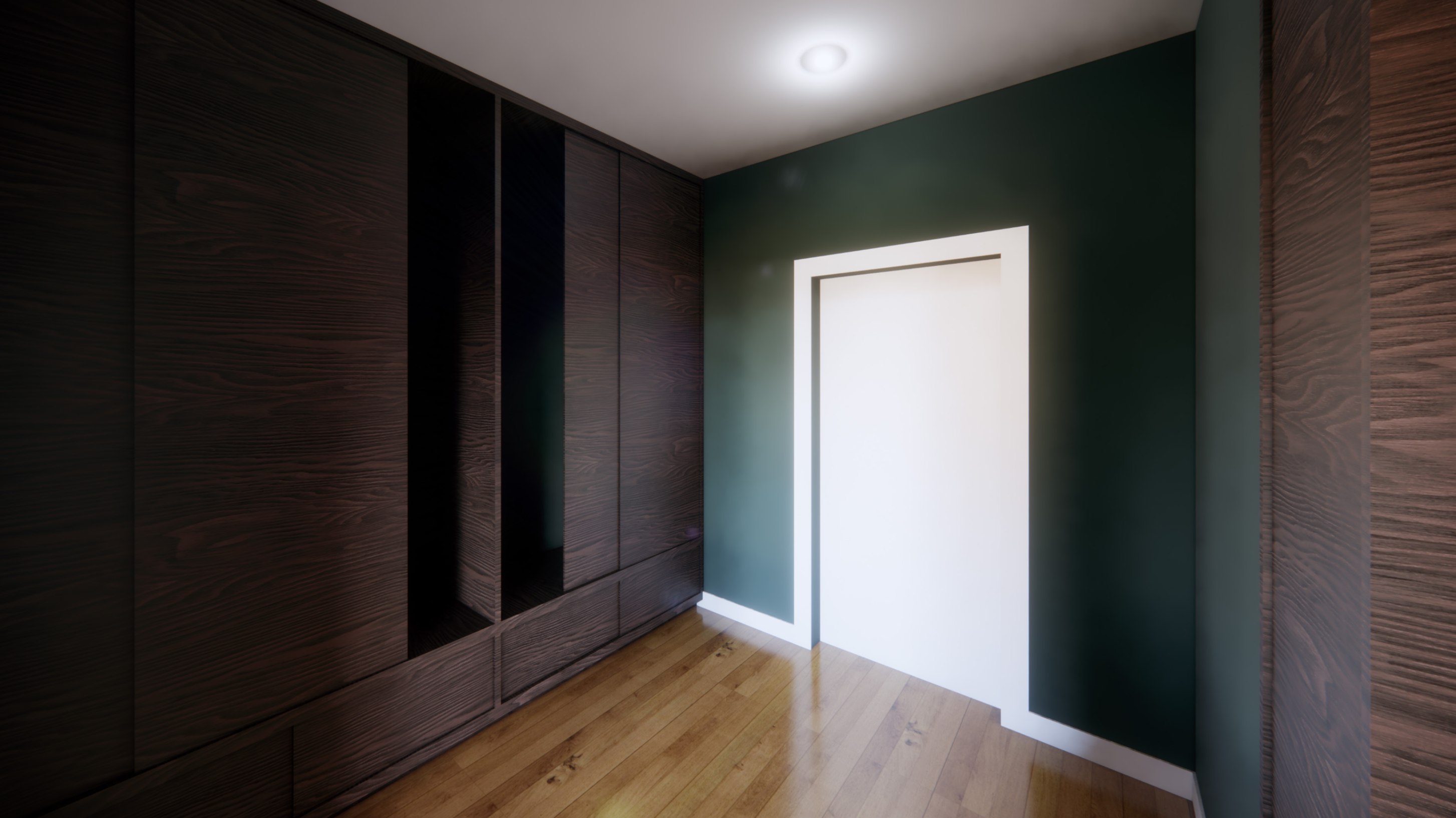 Foyer render: dark wood built-in cabinets with open cubbies, deep green walls and a white door.