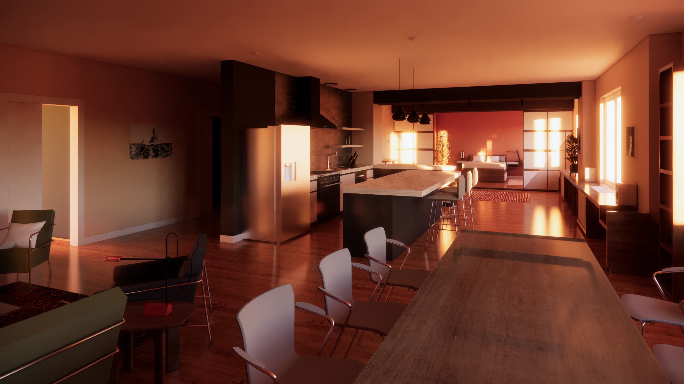 Sunset render of the open kitchen, dining table and living area, with warm light across the red oak floor.