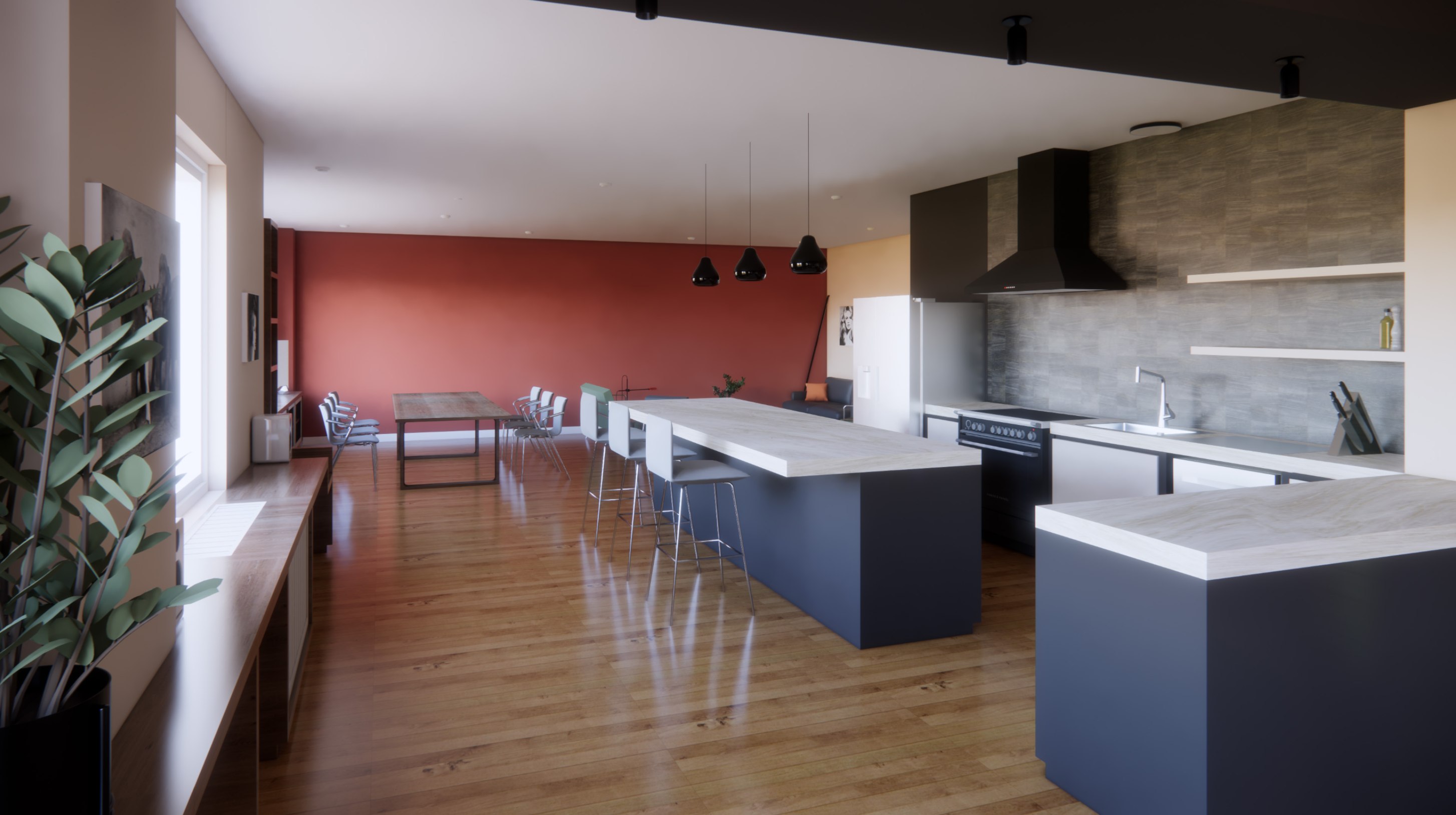 Kitchen render: navy island with stone top and stools, black hood over a stone backsplash, pendants and a red feature wall beyond the dining table.
