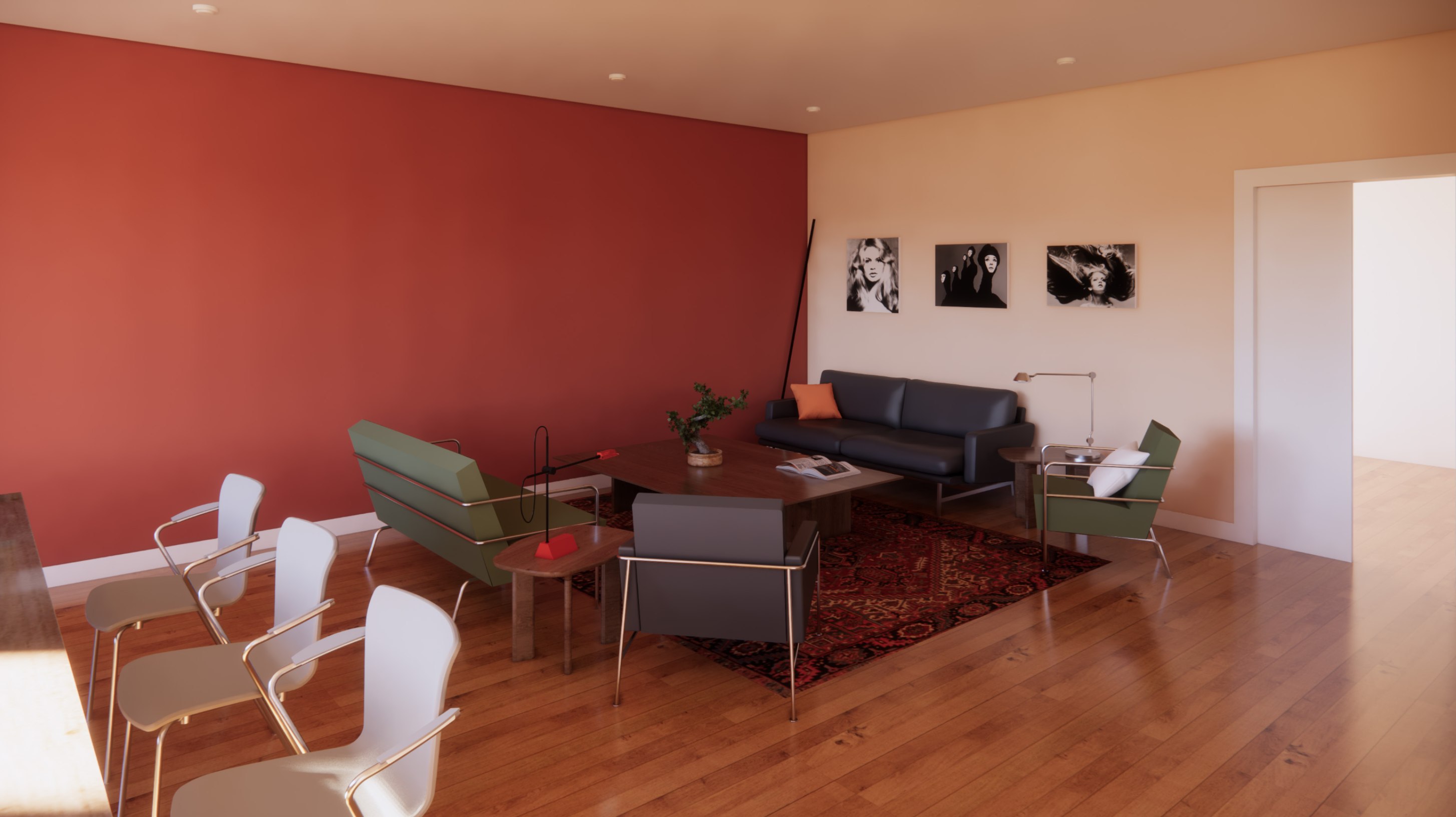 Living room render: red feature wall, green and charcoal lounge chairs around a wood coffee table on a red rug, black sofa, three Avedon prints on the wall.