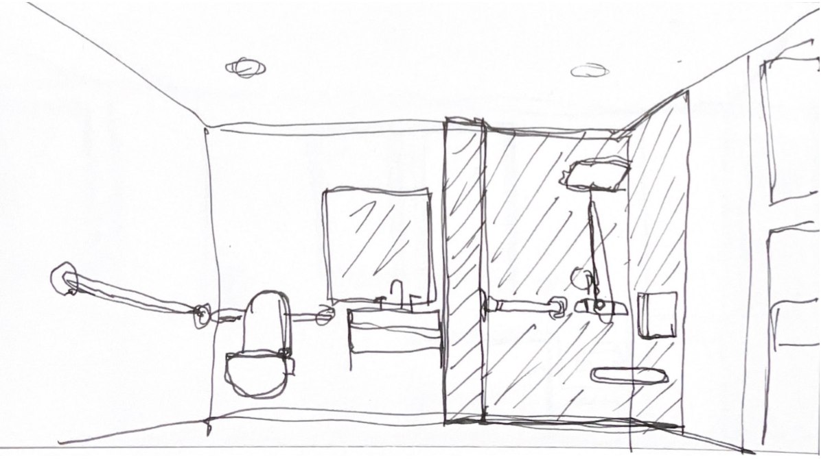Sketch of the accessible bathroom with grab bars and a roll-in shower.