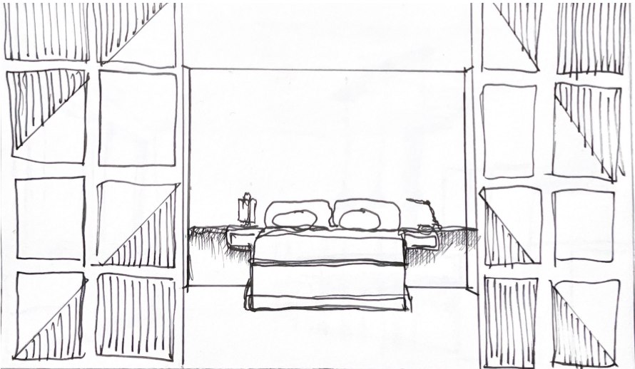 Sketch of the bedroom seen through patterned sliding panels.