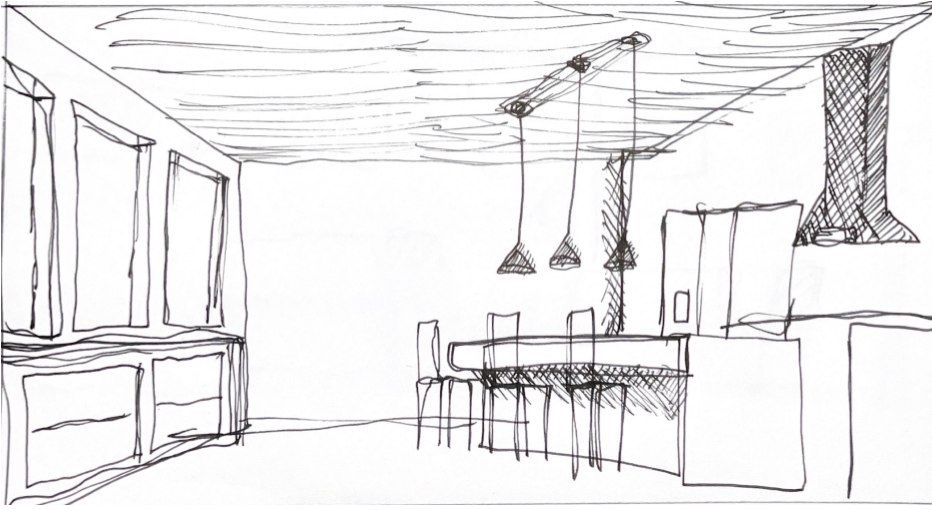 Sketch of the kitchen island with pendant lights.