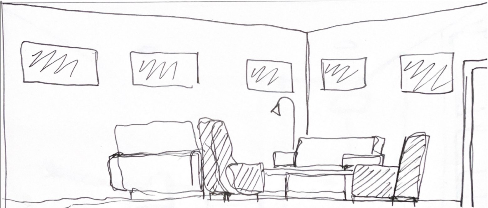 Sketch of the living room with sofas, armchairs and a row of framed prints.