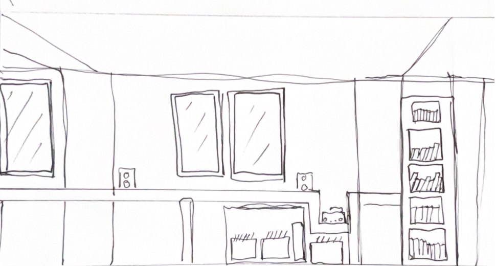 Sketch of a wall with windows, a low cabinet and a bookshelf.
